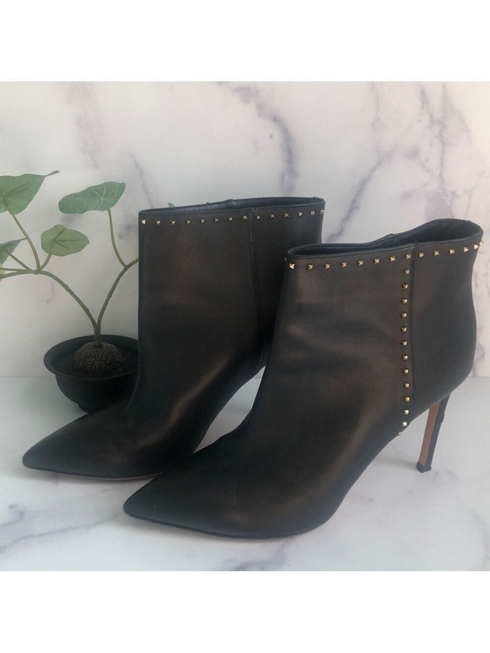 Valentino Garavani Rockstud Leather Heeled Ankle Booties Blk EU 39/ US Size 9